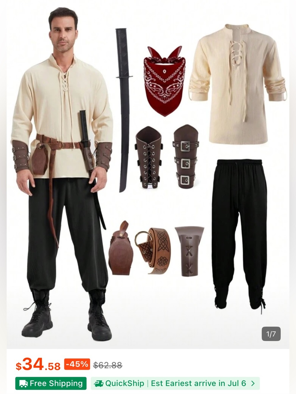 Men's Pirate Renaissance Shirt and Black Trousers Costume Set Cosplay - Picture 2 of 5